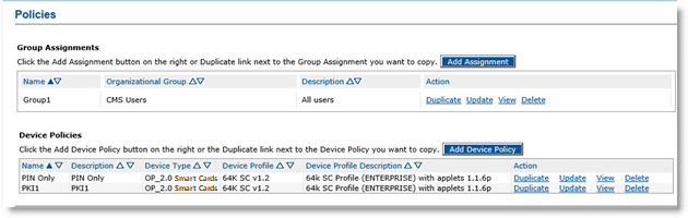 Policies page of Configuration tab displaying Group Assignments section and Device Policies section